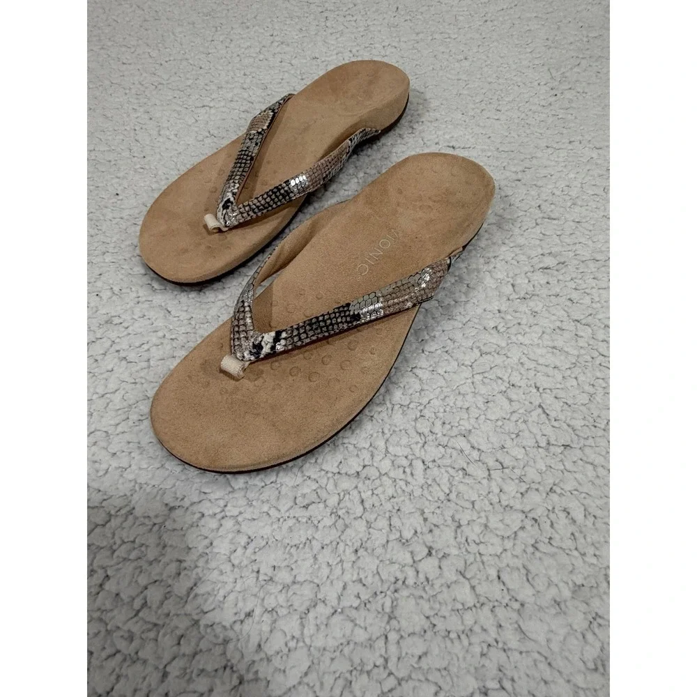 Vionic Dillon Womens 12 Tan Snakeskin Thong Sandals Arch Support Comfort Boho